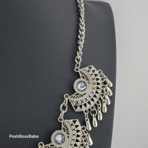 Boho Statement Necklace with Silver-Tone Crescent Medallions – 20-23" Length - Picture 6 of 12